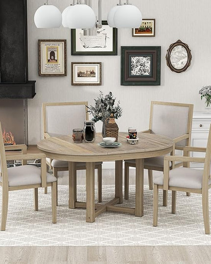 Kitchen 5-Piece Set, Two-Size Round to Oval Extendable Butterfly Leaf Table and 4 Upholstered Dining Chairs with Armrests, Natural Wood Wash - LeafyLoom