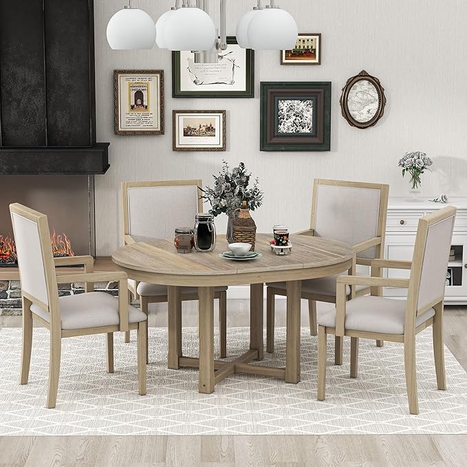 Kitchen 5-Piece Set, Two-Size Round to Oval Extendable Butterfly Leaf Table and 4 Upholstered Dining Chairs with Armrests, Natural Wood Wash - LeafyLoom
