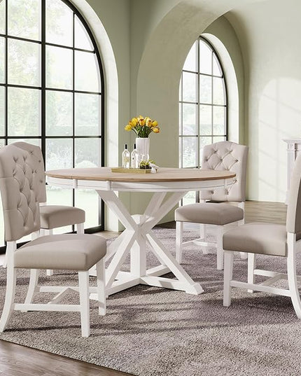 NicBex Kitchen Table Set Dining Room Table Set for 4 Retro Style Dining Table Set with Extendable Table and 4 Upholstered Chairs for Dining Room and Living Room, Oak Natural Wood + Off White - LeafyLoom
