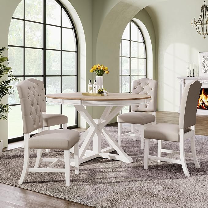 NicBex Kitchen Table Set Dining Room Table Set for 4 Retro Style Dining Table Set with Extendable Table and 4 Upholstered Chairs for Dining Room and Living Room, Oak Natural Wood + Off White - LeafyLoom