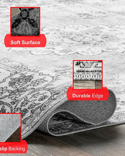 nuLOOM Ren Vintage Floral Machine Washable Ultra Thin Area Rug, 8x10, Grey - LeafyLoom