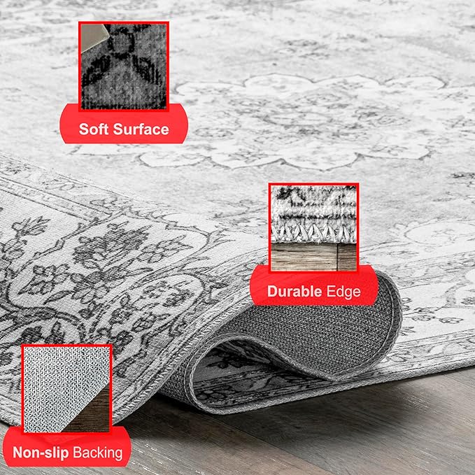 nuLOOM Ren Vintage Floral Machine Washable Ultra Thin Area Rug, 4x6, Grey - LeafyLoom
