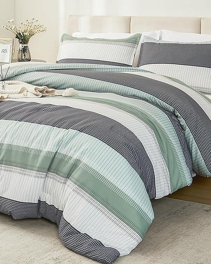 Litanika King Size Comforter Set Sage Green - 3 Pieces Lightweight Bedding Comforter Sets, Light Green White Colorblock Stripe Fluffy Bed Set, All Season Down Alternative - LeafyLoom