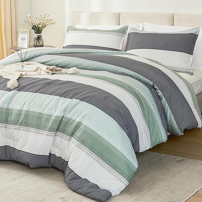 Litanika Twin/Twin XL Comforter Set Sage Green - 2 Pieces Teen Girls Boys Kids Comforter Lightweight Striped Bedding Comforter Sets (1 Comforter, 1 Pillowcase) - LeafyLoom