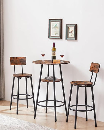 NicBex Small Dining Table for 2 Kitchen Table Set Round Bar Stool Set with Shelves, Stool with Backrest for Kitchen, Dining Room, Small Space, Extra Storage Rack, Rustic Brown - LeafyLoom