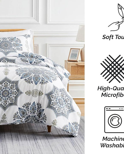Southshore Fine Living, Inc. Oversized Full/Queen Comforter Bedding Set, Down Alternative Boho Bedspread, Paisley Floral Print Comforter, Full Size/Queen with 2 Matching Shams, Blue on White - LeafyLoom