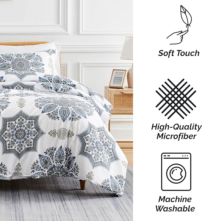 Southshore Fine Living, Inc. Oversized Full/Queen Comforter Bedding Set, Down Alternative Boho Bedspread, Paisley Floral Print Comforter, Full Size/Queen with 2 Matching Shams, Blue on White - LeafyLoom