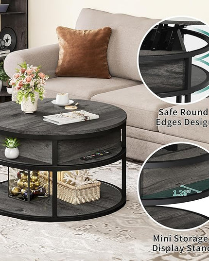 DWVO Round Coffee Tables for Living Room,Lift Top Coffee Table with Storage, Farmhouse Wood Coffee Table,Circle Coffee Tables Living Room for Home Office,Grey - LeafyLoom