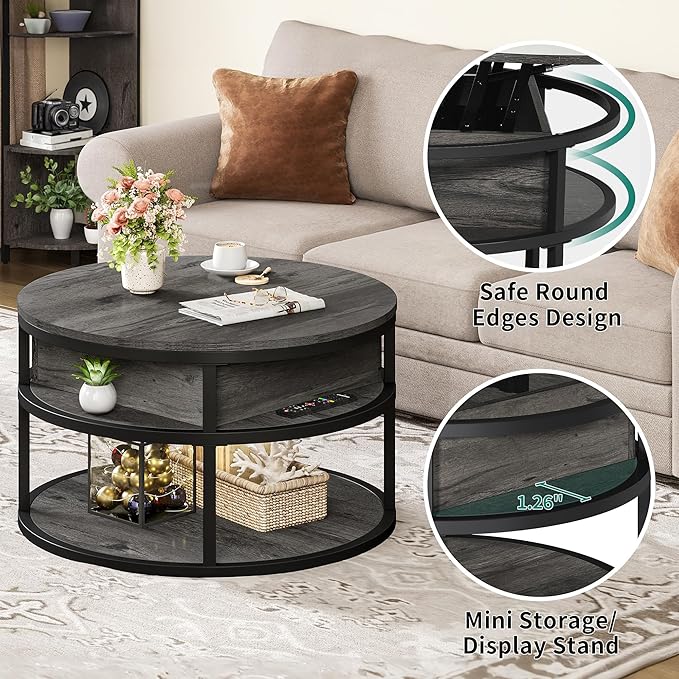 DWVO Round Coffee Tables for Living Room,Lift Top Coffee Table with Storage, Farmhouse Wood Coffee Table,Circle Coffee Tables Living Room for Home Office,Grey - LeafyLoom