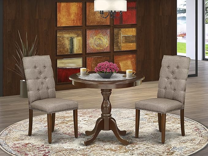 East West Furniture Antique 3 Piece Modern Dining Set Contains a Round Kitchen Table with Pedestal and 2 Dark Khaki Linen Fabric Upholstered Chairs, 36x36 Inch, Mahogany - LeafyLoom