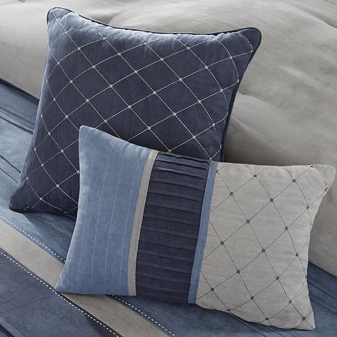Madison Park Cozy Comforter Set Casual Modern Design All Season, Matching Bed Skirt, Decorative Pillows, Queen, Collins Blue/Grey, 7 Piece - LeafyLoom