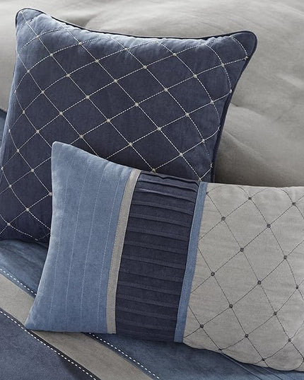 Madison Park Cozy Comforter Set Casual Modern Design - All Season Bedding, Matching Bed Skirt, Decorative Pillows, Collins, Suede Blue Grey King(104"x92") 7 Piece - LeafyLoom