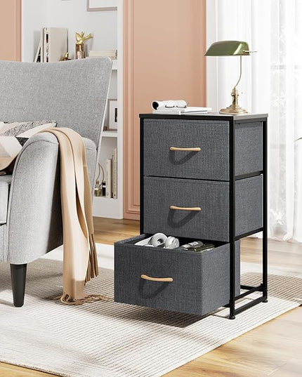 Nicehill Nightstand, Dresser with 3 Drawers, Bedside Table Chest of Drawers, Fabric Dresser for Bedroom, Kids' Room, Living Room, Closet, Small Dresser with Wooden Top Steel Frame, Modern, Dark Grey - LeafyLoom
