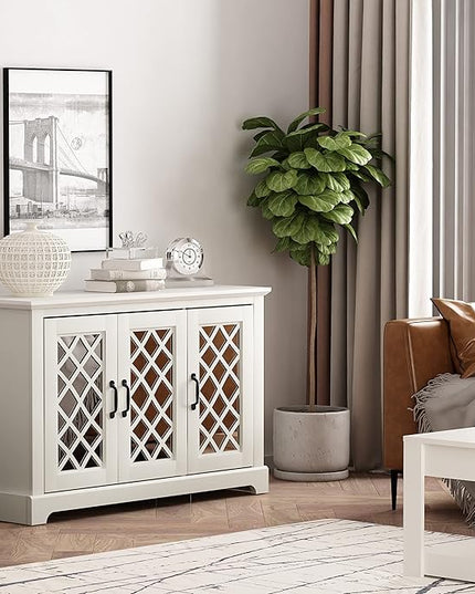Galano Millicent 3 Door Sideboard with Acrylic Mirrors, Kitchen Buffet Cabinet, Farmhouse Coffee Bar Display Cabinet for Home Kitchen, Living Room, Dining Room and Hallway, Ivory - LeafyLoom