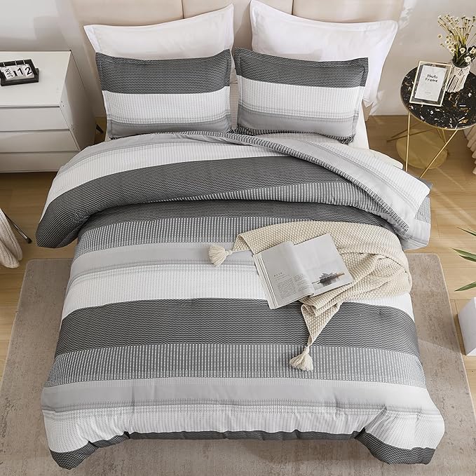 Litanika Dark Grey Bed Comforter Set Twin/Twin XL Size, 2 Pieces Lightweight Striped Bedding Comforter Set, Soft All Season Down Alternative Comforter (1 Comforter, 1 Pillowcase) - LeafyLoom