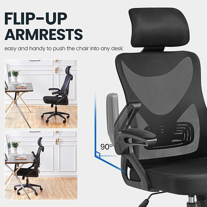 Yaheetech Ergonomic Office Chair, High Back Desk Chair with with flip-up Armrests, Adjustable Padded Headrest Mesh Computer Chair with Lumbar Support for Home Office Meeting Room, Black - LeafyLoom