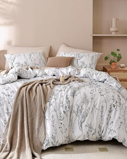 JANZAA 3pcs White Comforter Set King, Soft Floral Microfiber Bedding King Size Comforter Set with 2 Pillow Cases for All Seasons - LeafyLoom
