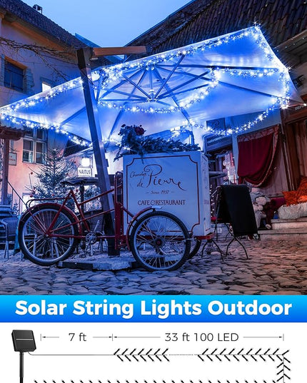 Minetom Solar Christmas Lights Outdoor Waterproof, 40FT 100 LED Solar Lights with 8 Modes, Solar Christmas Outdoor Decoration, Solar String Lights for Outside House Tree Party Yard, Blue& Pure White Minetom