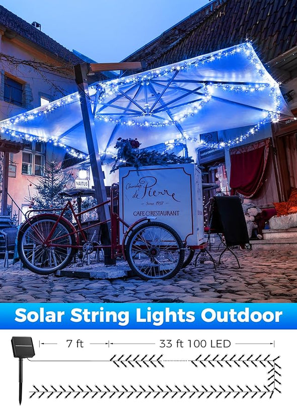 Minetom Solar Christmas Lights Outdoor Waterproof, 40FT 100 LED Solar Lights with 8 Modes, Solar Christmas Outdoor Decoration, Solar String Lights for Outside House Tree Party Yard, Blue& Pure White Minetom