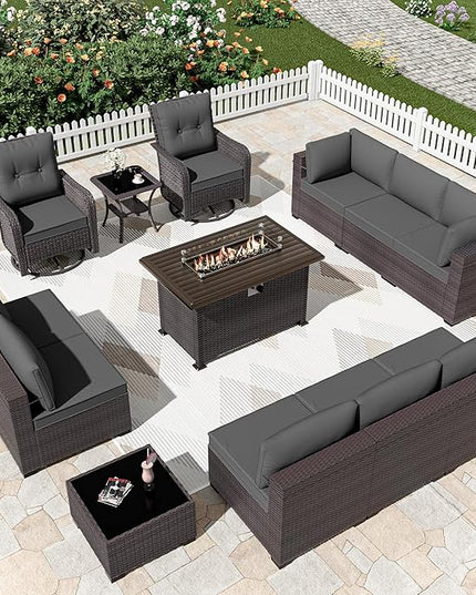 Patio Furniture Sectional Sofa Set 13-Pieces PE Rattan Swivel Rocking Chairs Patio Conversation Set w/43in Gas Fire Pit Table, Outdoor Furniture with 55000 BTU Propane Fire Pit, Grey - LeafyLoom