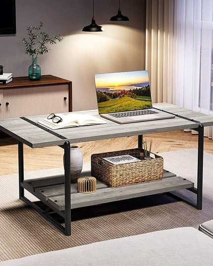 Towallmark 2-Tier Wood Coffee Table, Farmhouse Coffee Table with Storage Shelf- Rustic Metal Rectangle Center Living Room Coffee Table Accent Furniture for Home Office (Gray) - LeafyLoom