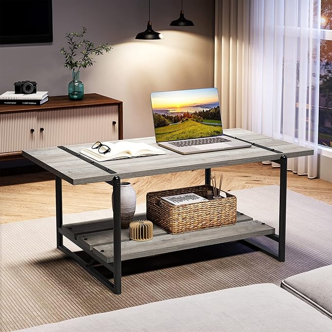 Towallmark 2-Tier Wood Coffee Table, Farmhouse Coffee Table with Storage Shelf- Rustic Metal Rectangle Center Living Room Coffee Table Accent Furniture for Home Office (Gray) - LeafyLoom