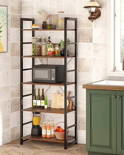 VERMESS 5 Tier Bookshelf, Tall Book Shelf, Vintage Industrial Bookcase Shelf with Open Display Shelves, Wood Storage Shelving Unit Metal Frame Standing Bookshelves for Bedroom/Home/Office, Rustic - LeafyLoom