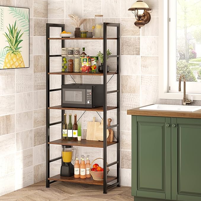 VERMESS 5 Tier Bookshelf, Tall Book Shelf, Vintage Industrial Bookcase Shelf with Open Display Shelves, Wood Storage Shelving Unit Metal Frame Standing Bookshelves for Bedroom/Home/Office, Rustic - LeafyLoom