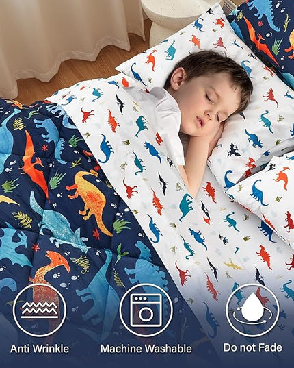 Kids Twin Dinosaur Bedding Comforter Set for Boys, 5 Pieces Twin Size Dinosaur Kids Bedding Set, Super Soft Lightweight Microfiber Comforter Set with Sheets for All Seasons - LeafyLoom