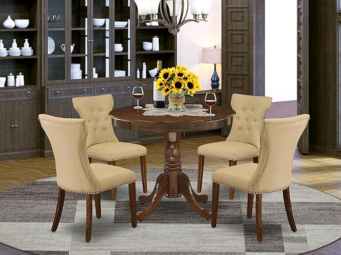 East West Furniture ANGA5-AWA-03 Antique 5 Piece Set for Small Spaces Consist of a Round Dining Room Table with Pedestal and 4 Parson Kitchen Chairs - LeafyLoom