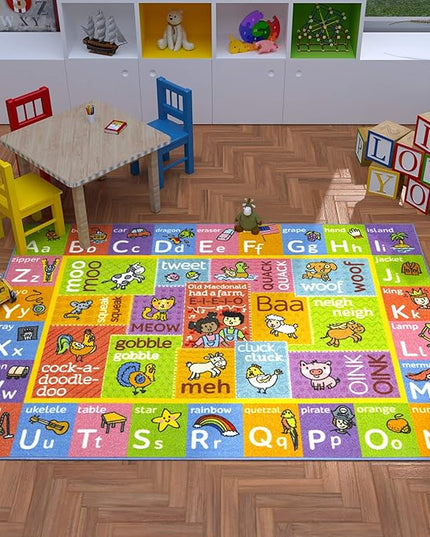 KC Cubs Classroom Rug, Kids Rug and Baby Play Mat ABC Alphabet with Old MacDonald Animals Educational Learning Non Slip Baby Girl & Boy Carpet Children Bedroom Toddler Playroom Floor Mat Nursery Rug - LeafyLoom