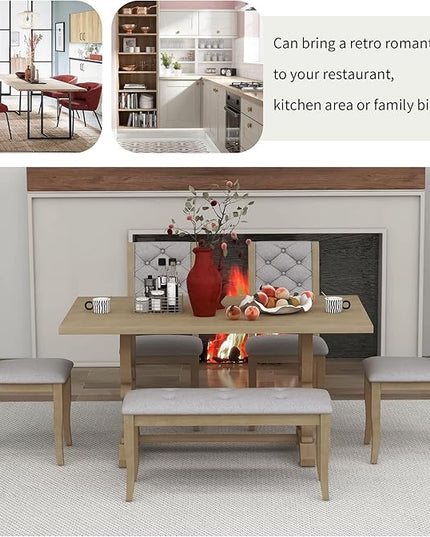 Solid Wood, Kitchen Dining, 6-Piece Retro Dinette Set with Unique-Designed Table Legs and Foam-Covered Seat Backs & Cushions for Living Room, Gray Wash - LeafyLoom
