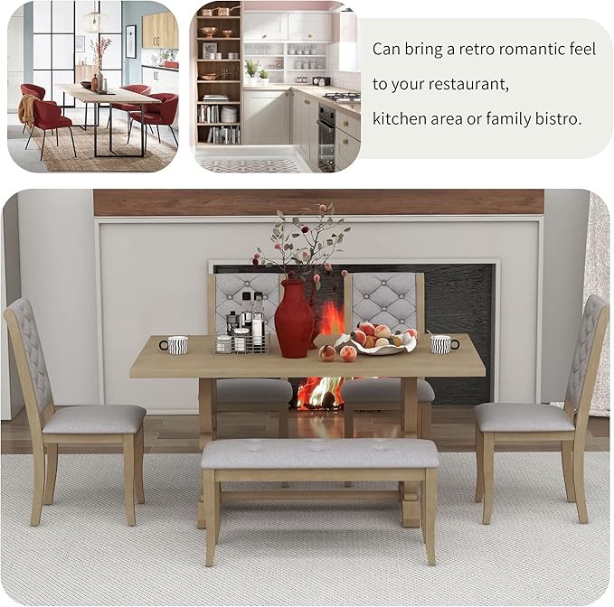 Solid Wood, Kitchen Dining, 6-Piece Retro Dinette Set with Unique-Designed Table Legs and Foam-Covered Seat Backs & Cushions for Living Room, Gray Wash - LeafyLoom