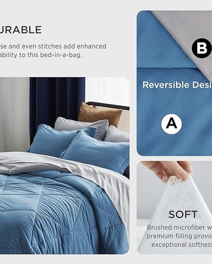 Bedsure Blue Full Comforter Set - 7 Pieces Reversible Bed Set Bed in a Bag Full with Comforters, Sheets, Pillowcases & Shams, Full Bedding Sets - LeafyLoom
