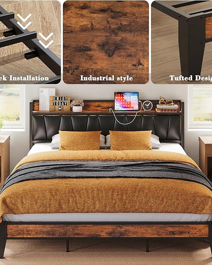 LIKIMIO California King Bed Frame, Storage Headboard with Charging Station, Solid and Stable, Noise Free, No Box Spring Needed, Easy Assembly (Vintage and Black) - LeafyLoom