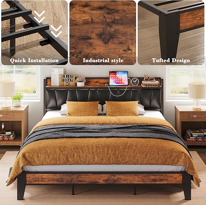 LIKIMIO California King Bed Frame, Storage Headboard with Charging Station, Solid and Stable, Noise Free, No Box Spring Needed, Easy Assembly (Vintage and Black) - LeafyLoom