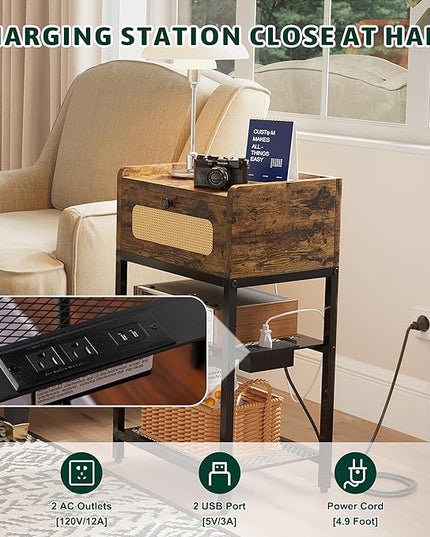 Night Stand set 2, Side Table with Rattan Drawer, Nightstand with Charging Station, Industrial Bedside Table with 3-Tier Storage, Rustic Brown JET003CSR2 - LeafyLoom