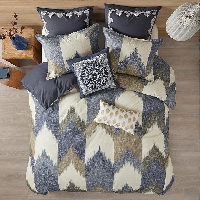 INK+IVY Queen Size Comforter Set, Cozy Cotton Comforter, All Season, Lightweight Comforter Queen Bed Set with 2 Matching Shams, Modern Cabin Lodge Ikat Chevron Design, Navy Full/Queen 3 Piece - LeafyLoom