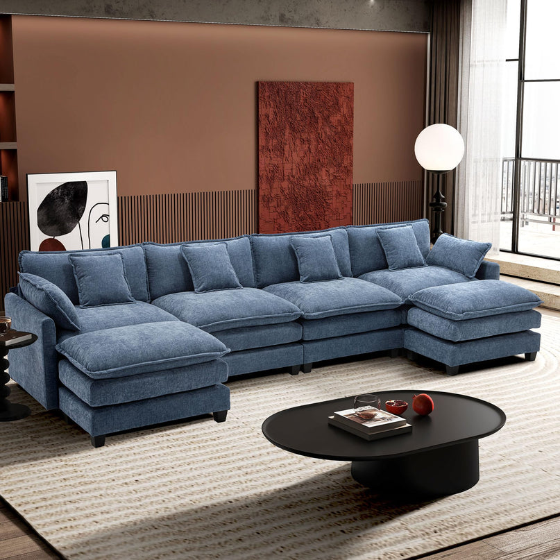 Ihanherry 111.4" L Shaped Modern Sofa Modular Sectional Cloud Couch with Ottoman, 4-Seat Chenille Deep Seat Sofa with Pillow for Living Room, Bedroom and Apartment, Beige LeafyLoom
