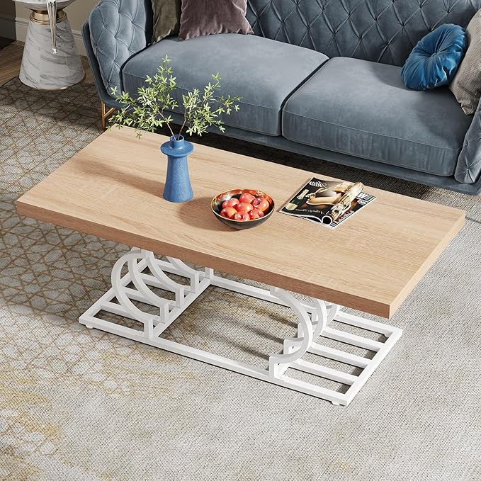 Tribesigns Farmhouse Coffee Table, 47 Inch Rustic Cocktail Table with Geometric Frame, Rectangular Wood Center Table Tea Table Accent Furniture for Living Room, French Country Decor (White/Natural) - LeafyLoom