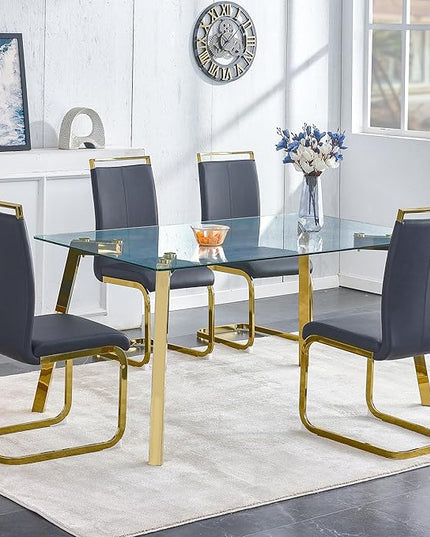NicBex Modern Minimalist Style Rectangular Glass Dining Table with Tempered Glass Tabletop and Golden Metal Legs Suitable for Kitchen, Dining Room and Living Room, Golden - LeafyLoom