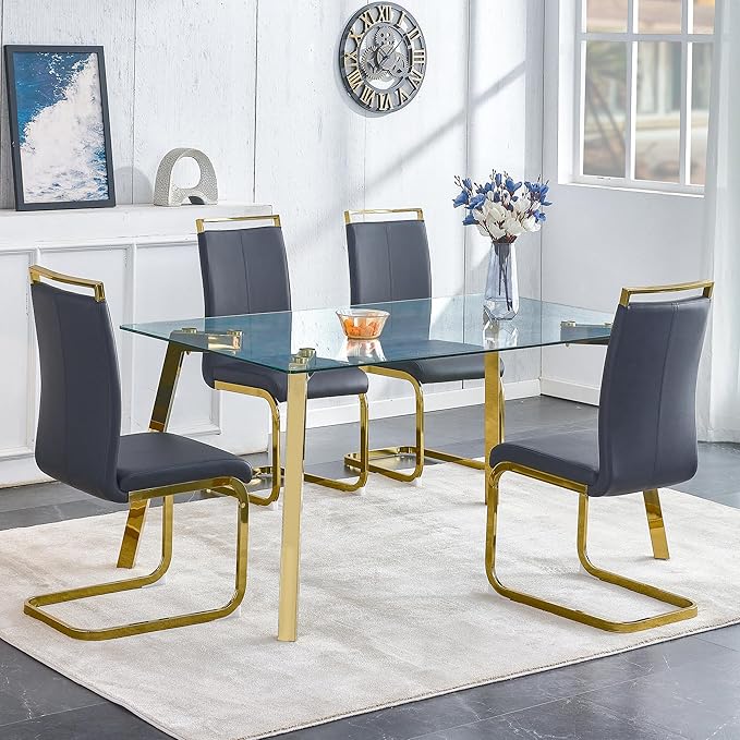 NicBex Modern Minimalist Style Rectangular Glass Dining Table with Tempered Glass Tabletop and Golden Metal Legs Suitable for Kitchen, Dining Room and Living Room, Golden - LeafyLoom