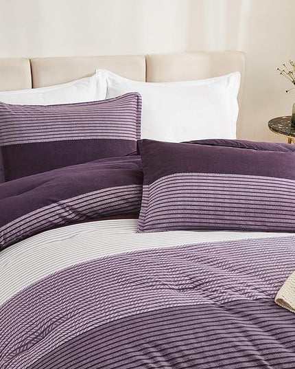 Litanika Purple Full Comforter Set, 3 Pieces Striped Bedding Set, Lightweight Soft All Season Down Alternative Comforter Set with Corner Loops (1 Gray&Purple Comforter, 2 Pillowcases) - LeafyLoom
