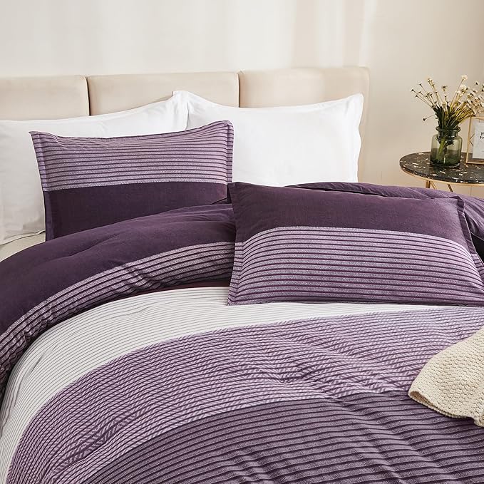 Litanika Purple Queen Comforter Set, 3 Pieces Striped Bedding Set, Lightweight Soft All Season Down Alternative Comforter Set (1 Gray&Purple Comforter, 2 Pillowcases) - LeafyLoom