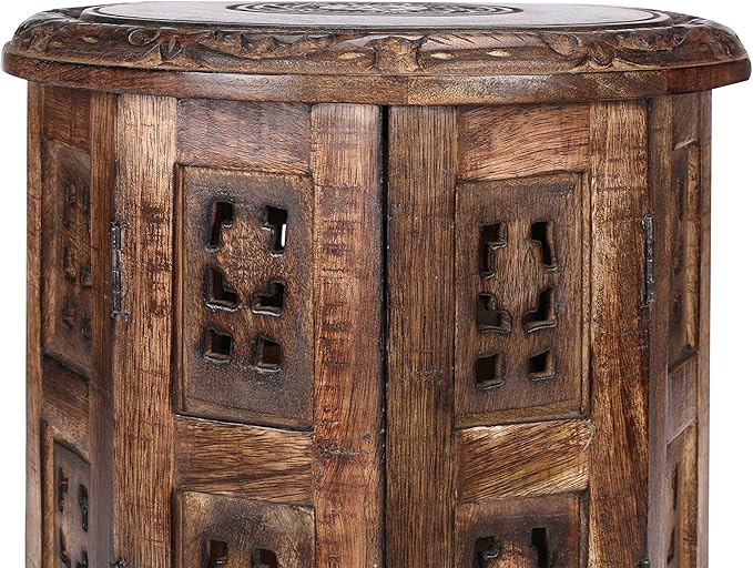 Light & Pro Burnt Round End Table, 12x12 - Octangle, 12 Inch High, Mango Wood, Bohemian Style, 10 lbs Load Capacity - LeafyLoom