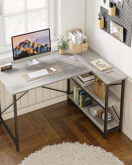 Bestier Small L Shaped Desk with Shelves 47 Inch Reversible Corner Computer Desk Writing Gaming Storage Table for Home Office Small Space, Gray Oak - LeafyLoom