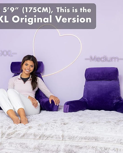 Husband Pillow XXL Purple Backrest with Arms - Adult Reading Pillow with Shredded Memory Foam, Ultra-Comfy Removable Microplush Cover & Detachable Neck Roll, Unmatched Support Bed Rest Sit Up Pillow - LeafyLoom
