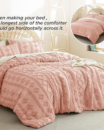 Bedsure Tufted Boho Comforter Set King - Pink Boho Bedding Comforter Set, 3 Pieces Farmhouse Shabby Chic Embroidery Bed Set, Soft Jacquard Comforter for All Seasons - LeafyLoom