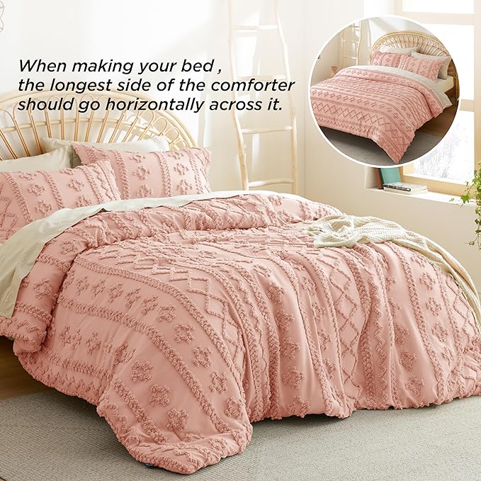 Bedsure Tufted Boho Comforter Set King - Pink Boho Bedding Comforter Set, 3 Pieces Farmhouse Shabby Chic Embroidery Bed Set, Soft Jacquard Comforter for All Seasons - LeafyLoom
