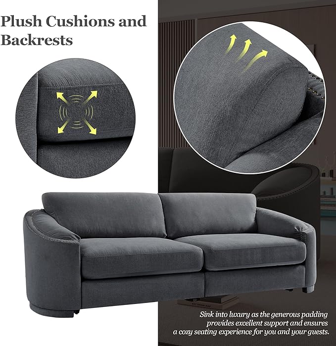 Morden Stylish 3-Seat Upholstered Couch Linen Fabric Nailhead Decor Sofa&Couch with Thicker Cushions and Armrests for Home Office Apartment Living Room, 91", Gray-337 - LeafyLoom